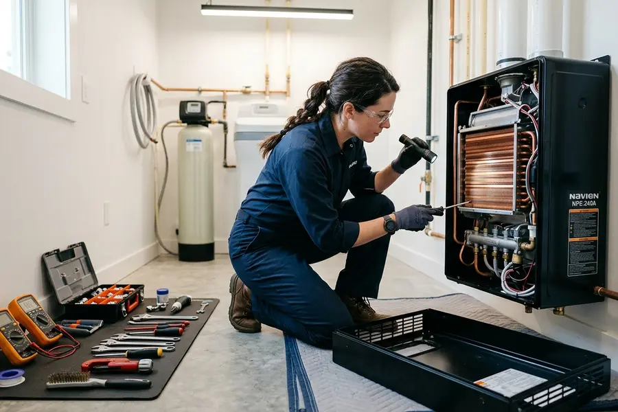 Water Heater Jockey plumber servicing a tankless water heater in Valley Falls